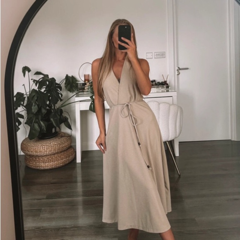 Elegant Beige Wrap Midi Dress
